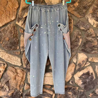 Knit Denim Button Pants Distressed Stretchy Waist Jaded Gypsy