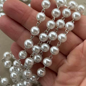 White Glass Pearl Beaded Rosary Chain 8mm Antique Silver Plated Per Foot