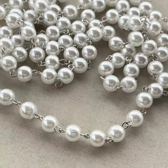 White Glass Pearl Beaded Rosary Chain 8mm Antique Silver Plated Per Foot