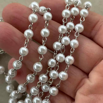 White Glass Pearl Beaded Rosary Chain 6mm Antique Silver Plated Per Foot