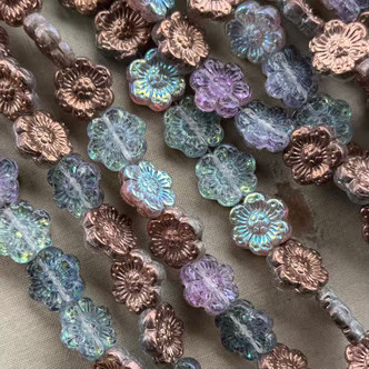 14mm 6 Petal Flower Beads Czech Glass Copper Moonlight AB 12Pcs Per Strand
