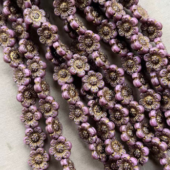 14mm 6 Petal Flower Beads Czech Glass Gilded Vintage Verbena 12Pcs Per Strand