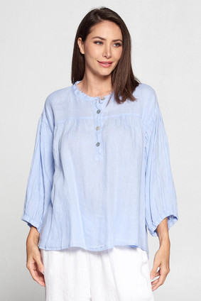 Ice Blue Linen Blouse Mandarin Collar Top Shirt Pure Match USA