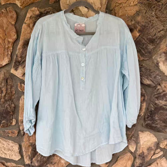 Ice Blue Linen Blouse Mandarin Collar Top Shirt Pure Match USA