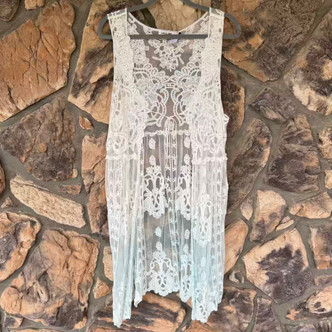 Ocean's Kiss Embroidered Lace Mesh Kimono Turquoise Ombre Vest Origami