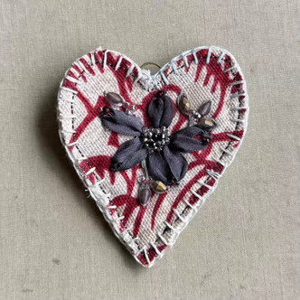76x64mm Fabric Heart Pendant Crimson Cream Embroidered Stitched Mixed Media Per Pc