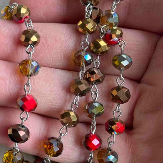 Old World Beaded Rosary Chain 8mm Crystal Rondelle Antique Silver Plated Per Foot