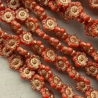 14mm 6 Petal Flower Beads Czech Glass Gilded Poppy 12Pcs Per Strand