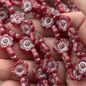 14mm 6 Petal Flower Beads Czech Glass Mercury Red Carnation 12Pcs Per Strand
