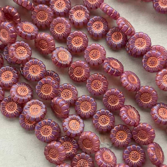 12mm Sunflower Beads Czech Glass Copper Mulberry 12Pcs Per Strand