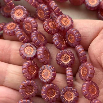 12mm Sunflower Beads Czech Glass Copper Mulberry 12Pcs Per Strand