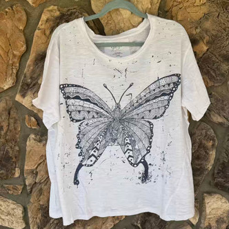 Farrah Blue Butterfly Distressed Top White Cotton Kyla Seo Graphic Tee
