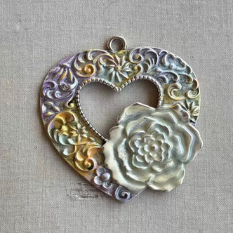 Louisa Floral Heart Rose Pendant Scroll Chic Artisan Hand Painted BIG Per Pc