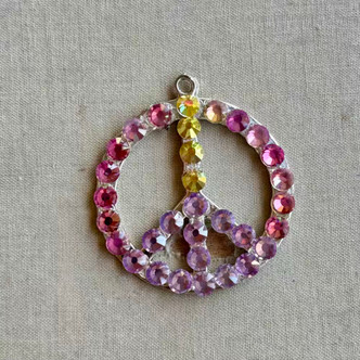 Pink Rhinestone Peace Sign Pendant Artisan Made 45x40mm Per Pc