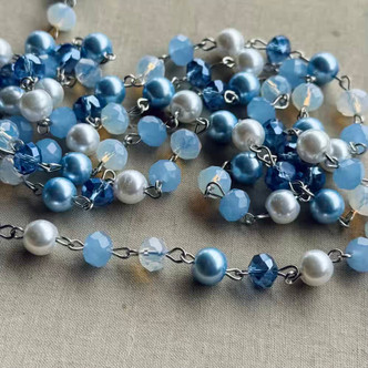 Something Blue Glass Pearl Beaded Rosary Chain 8mm Antique Silver Plated Per Foot