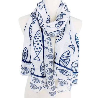 Fish Sardines Scarf Shawl White Navy Blue JC Sunny One Size