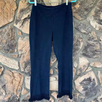 Navy Blue Straight Stretchy Pants Fringe Ankle Detail Chatoyant
