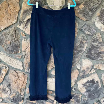 Navy Blue Straight Stretchy Pants Fringe Ankle Detail Chatoyant