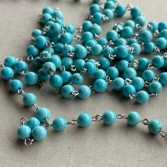 Mini Turquoise Trails Beaded Chain 6mm Blue Magnesite Stone Rosary Antique Silver Plated Per Foot