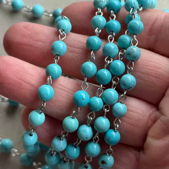Mini Turquoise Trails Beaded Chain 6mm Blue Magnesite Stone Rosary Antique Silver Plated Per Foot