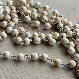 Mini White Buffalo Beaded Chain 6mm Cream Magnesite Stone Rosary Antique Silver Plated Per Foot