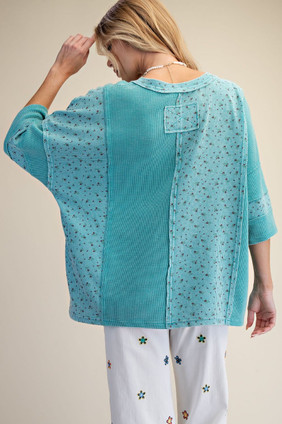 Turquoise Floral Patch Pullover Top Thermal Knit Easel
