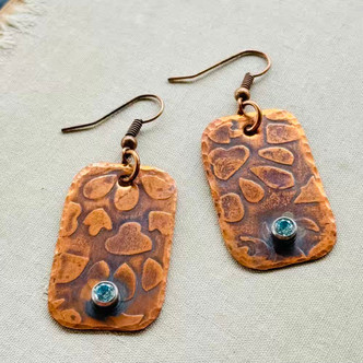 Hand Forged Copper CZ Metal Worked Earrings Artisan Made in the USA Per Pair