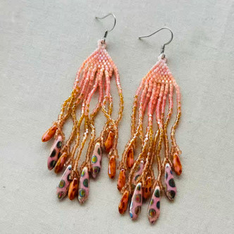 Flamingo Feathers Beaded Fringe Earrings Silver Artisan Made in the USA Per Pair