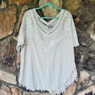 Oatmeal Deep V Neck Mineral Washed T-Shirt Crochet Detail Oversized Top Oli&Hali