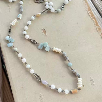 Misty Shores Necklace Stone MOP Beaded Chain Gunmetal Artisan Made Per Pc