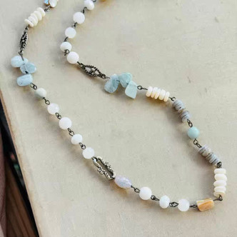 Misty Shores Necklace Stone MOP Beaded Chain Gunmetal Artisan Made Per Pc