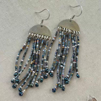 Damascus Steel AB II Beaded Fringe Earrings Silver Artisan Made in the USA Per Pair