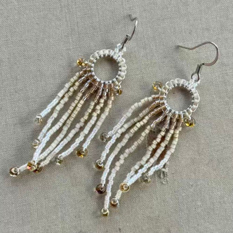 Ombre Oatmeal Beaded Fringe Earrings Silver Artisan Made in the USA Per Pair