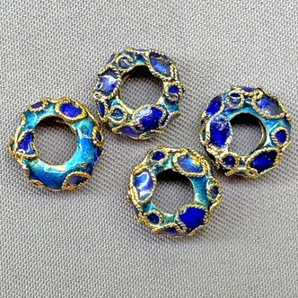 Cobalt Blue Flower Blossom Cloisonne Enamel Donut Spacer Beads 9mm Gold Plated Alloy Q6 Per Pkg