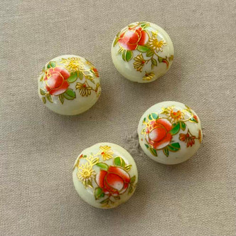 16mm Ivory Peony Puffy Coin Painted Acrylic Beads Faux Cloisonne Q4 Per Pkg