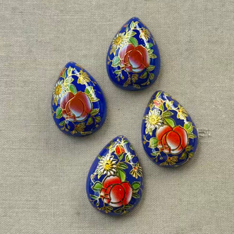 25x18mm Cobalt Peony Teardrop Cabochon Painted Acrylic Faux Cloisonne Q4 Per Pkg