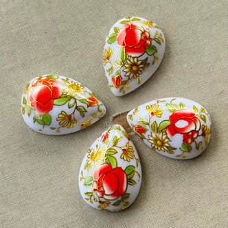 25x18mm Alabaster Peony Teardrop Cabochon Painted Acrylic Faux Cloisonne Q4 Per Pkg