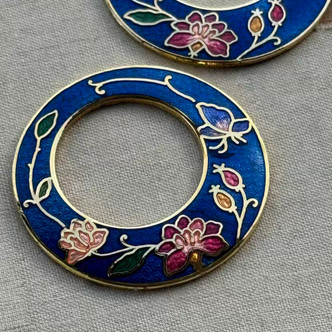 Cobalt Clematis Cloisonne Enamel Concave Donut Pendants 36mm Gold Plated Alloy Q2 Per Pkg