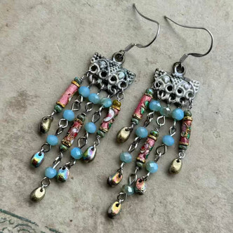 Pastel Blossom Cloisonne Chandelier Earrings Artisan Made in the USA Per Pair