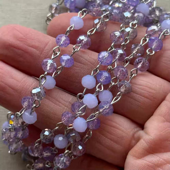 Wisteria Blossom Beaded Rosary Chain 6mm Crystal Rondelle Antique Silver Plated Per Foot