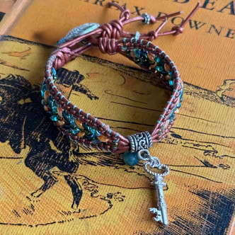Copper Teal Beaded Leather Bracelet Beads of Harvest Artisan Made Per Pc