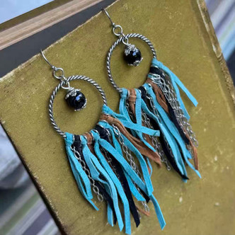 Turquoise Black Tassel Suede Leather Earrings Artisan Made in the USA Per Pair