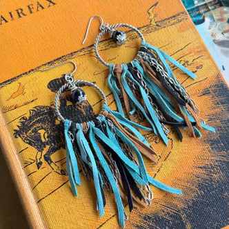 Turquoise Black Tassel Suede Leather Earrings Artisan Made in the USA Per Pair
