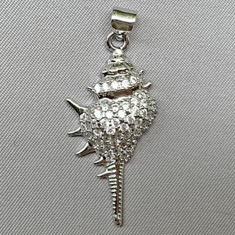 Micro Pave CZ Venus Comb Conch Shell Charms 37x16mm Platinum Plated Brass Q1 Per Pkg
