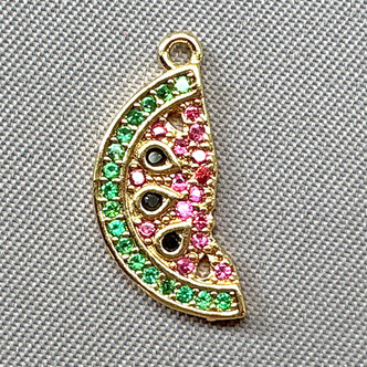 Micro Pave CZ Watermelon Slice Fruit Charms 17x8mm 18kt Gold Plated Brass Q2 Per Pkg