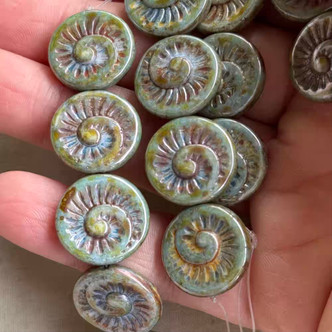 18mm Ammonite Seashell Beads Czech Glass Blue Sage Picasso Luster 6Pcs Per Strand