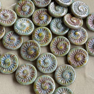 18mm Ammonite Seashell Beads Czech Glass Blue Sage Picasso Luster 6Pcs Per Strand