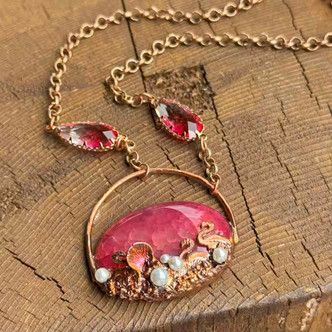 Fabulous Flamingos Hot Pink Agate Electroformed Necklace Copper Artisan Made Per Pc