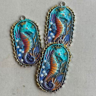Caspian Seahorse Pendant Crowned Artisan Patina Hand Painted Per Pc