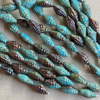 16x8mm Miter Seashell Beads Czech Glass Turquoise Metallic Iris 8Pcs Per Strand